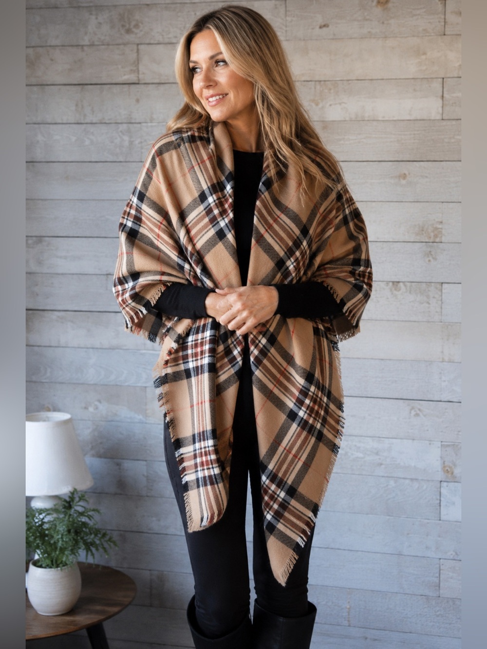 Awesome pure wool tartan fringed shawl